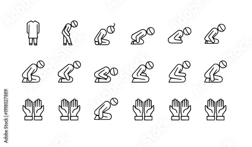 Islamic salah and dua pictogram set vector showing prayer poses and movements