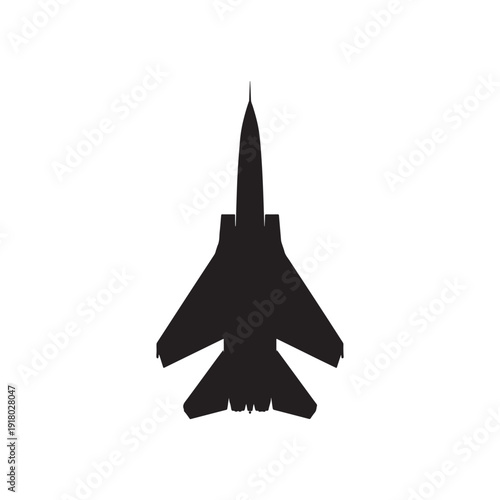A simple, high-contrast graphic displays the silhouette of a fighter jet. The image presents a top-down view of the aircraft, featuring swept wings and a sharp fuselage. The entire shape is rendered 
