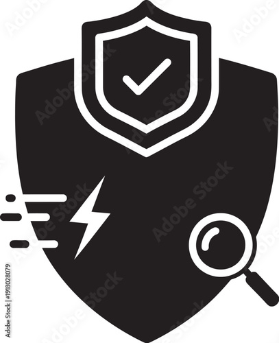 Security protection shield with checkmark verification and magnifying glass analysis for safety and investigation concept