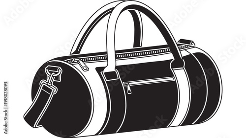 Monochrome illustrated duffel bag with handles and strap, isolated in black and white on white background.