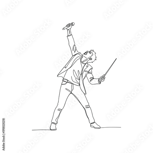 Dynamic musician performing with microphone and guitar pick