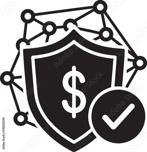 Financial security shield with dollar sign and checkmark, network protection concept, cybersecurity and safety icon, modern technology and finance symbol