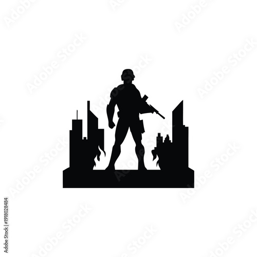 Soldier silhouette standing on island with buildings