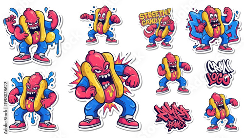 Cartoon hot dog characters in various poses for commercial and creative projects