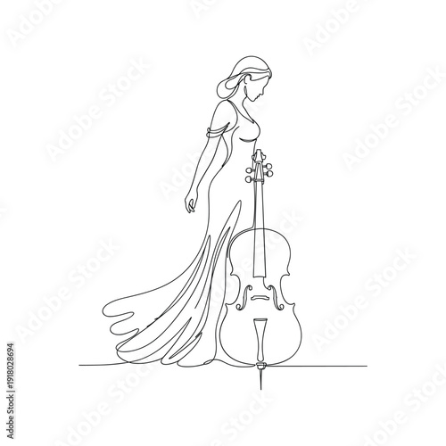 Elegant woman in evening gown standing with beautiful cello