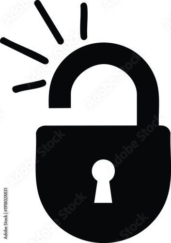 Black open padlock with radiating lines on a white background representing unlocked security
