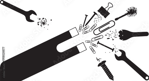 Collection of tools and hardware in black and white