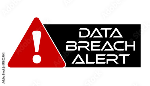 Data breach alert. Red triangle sign with exclamation point and text by side on black background.