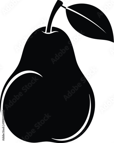 Black silhouette of a pear with a stem and a single leaf on a white background fruit