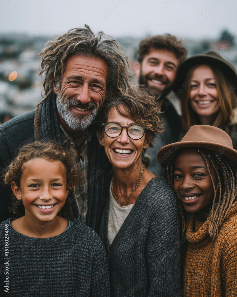 Obraz premium Multigenerational family embraces joy in a cozy urban setting