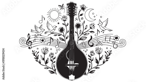 Intricately Designed Stringed Instrument Surrounded by Ornamental Floral Motifs.