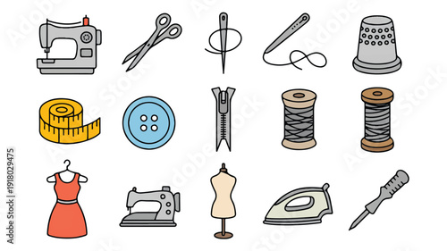 sewing tools and equipment icons collection