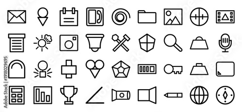 Universal interface line icon set. Vector pictograms of mail, calendar, camera, magnifying glass, calculator, trophy, folder, and graph, thick outline illustration.