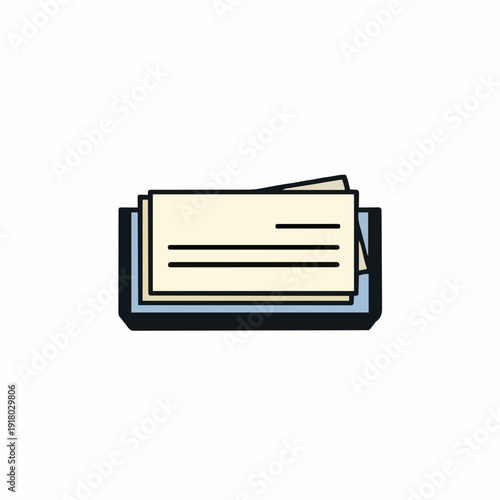 Illustration of a stack of cream colored documents with black horizontal lines neatly placed in a dark blue holder with light blue accents on a white background