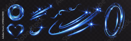 Blue glowing light trails and circular rings isolated on transparent background. Dynamic abstract swirl lines with sparkles, perfect for technology, energy, motion and digital design concepts.
