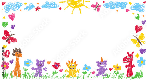 Kindergarten frame crayon and box border pastel with kid pencil text. Drawn drawing shape and heart birthday cute with child childish day. Gift kindergarten background and doodle box chalk.