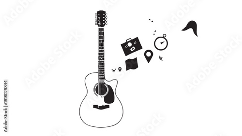 Acoustic guitar leaning with floating notes and decorative icons creating a musical still life.