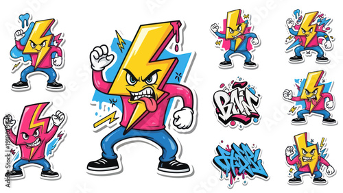 Cartoon lightning bolt characters with angry expressions and graffiti style