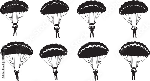 Parachuters in free fall with open parachutes illustration set