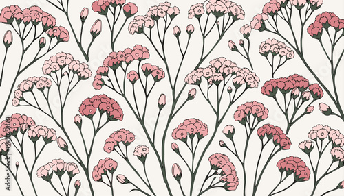 Very beautiful flat lay composition of soft pink gypsophila flowers arranged as a delicate floral background, offering a romantic and airy spring aesthetic with gentle texture and harmony.