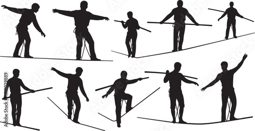 Silhouette of skier in various poses on snowy slopes