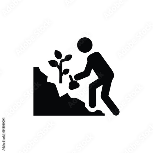 Person Waters Plant in Ruined Landscape Scene Vector