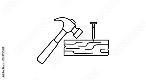Hammer and nail driving into wood piece.