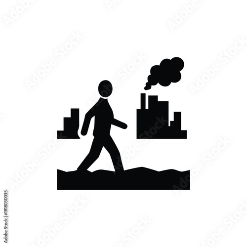Man walking towards polluted cityscape illustration