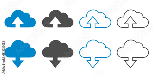 vector illustration: collection of cloud download and upload symbol in various blue and grey colors isolated on white or transparent png