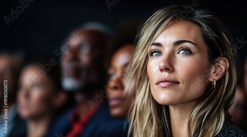Des personnes écoutant une présentation avec une femme blonde charmante avec des cheveux longs au premier plan regardant la scène avec une expression concentrée et attentive sur le visage.