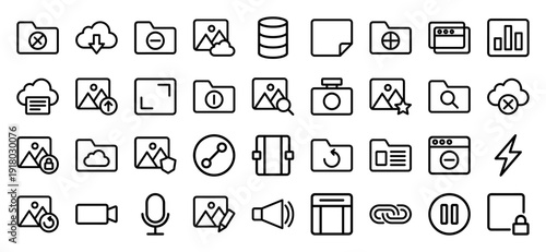 Multimedia and interface line icon set. Vector pictograms of folder, cloud storage, database, image gallery, camera, search, microphone, and video, thick outline illustration.