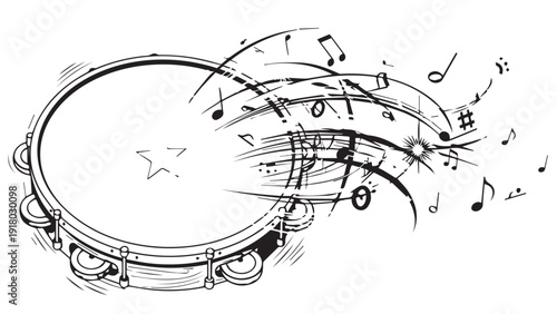 A handheld tambourine in motion with musical notes suggesting a hobbyist performance.