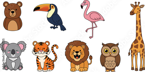 Cute Cartoon Wild Animal Set Featuring Bear, Toucan, Flamingo, Giraffe, Koala, Tiger, Lion, and Owl for Kids Education, Zoo Branding, and Nursery Room Wall Art Decor