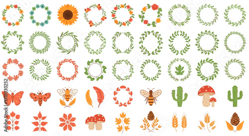Botanical garden icon collection. Includes flowers, wreaths, mushrooms, insects, cactus, leaves. Created in colorful style with green, orange, and red palette isolated on White Background
