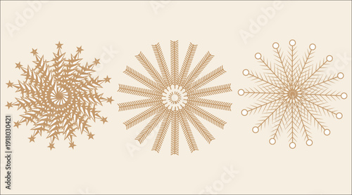 Luxury golden snowflake mandala set elegant geometric holiday ornaments on Black background.