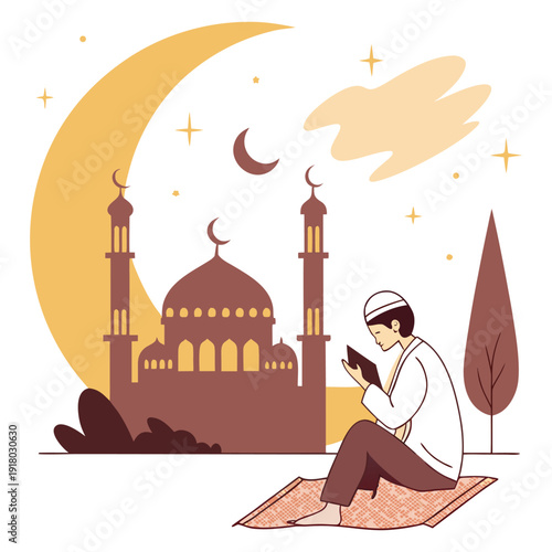 Ramadan Kareem Spiritual Night With Man Reading Quran Illustration
