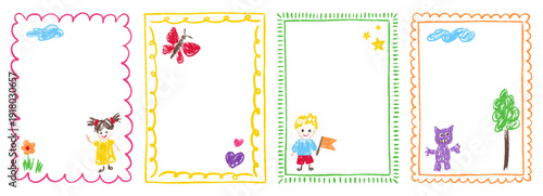 Kindergarten border box for frame crayon pastel and kid pencil text. Drawn drawing shape for heart birthday cute and child childish day. Kindergarten kids background for frame photo chalk.
