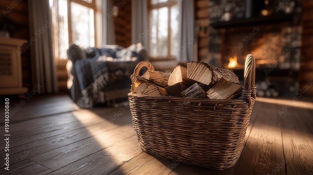 Obraz premium Firewood stored in a wicker basket on the living room floor for home heating, fireplace in the house, fireplace in the living room with a basket of firewood 
