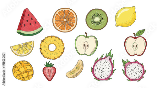 Fresh Fruit Assortment: A vibrant collection of assorted, freshly cut fruits, including a juicy watermelon slice, a tangy orange round, and a refreshing kiwi slice, ripe and ready to enjoy. 