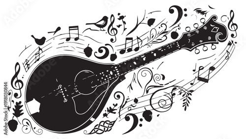 Stylized guitar silhouette surrounded by flowing musical notes and decorative swirls artwork.
