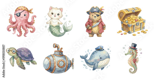 Cute Nautical Pirate Animal Sticker Set, Watercolor Vector Illustration