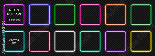 Neon call action with button light ui and web game square. Blue vector frame with glow sign box and 3d rectangle dark. Modern purple neon with banner icon round border light. Vector illustration set.