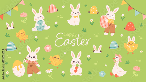 Happy Easter poster with bunnies, chicks, hidden painted eggs. Easter egg hunt, event celebration in spring park. Vector illustration in flat style