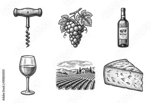Vintage woodcut style wine production and tasting collection featuring vineyard landscape, grapes, corkscrew, bottle, glass, and cheese wedge.