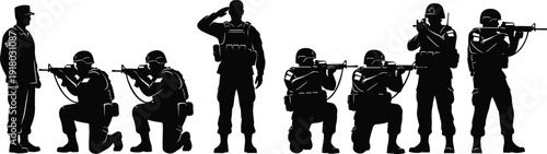 Soldier Silhouette Icon Set Featuring Military Personnel Saluting, Standing Guard, and Kneeling with Tactical Rifles for Army, Defense, and Veterans Day Graphic Designs
