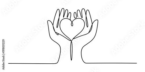 Continuous line drawing of two hands cupped together holding a heart symbol of love and care Vector, illustration