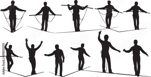 Silhouette of man skiing in various poses and movements