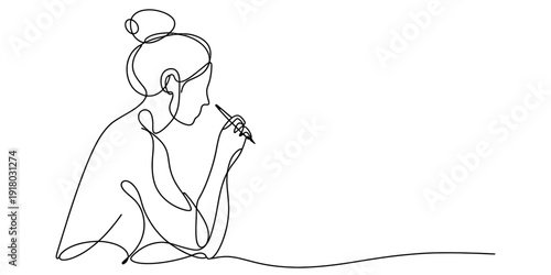 Minimalist continuous line drawing of a woman with a bun writing with a pen on white background Vector, illustration