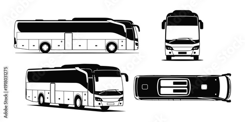 Set of vector bus silhouettes in different views isolated on transparent background