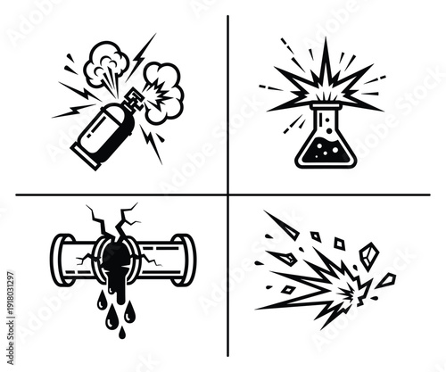 Set of vector explosion and chemical hazard icons for safety applications